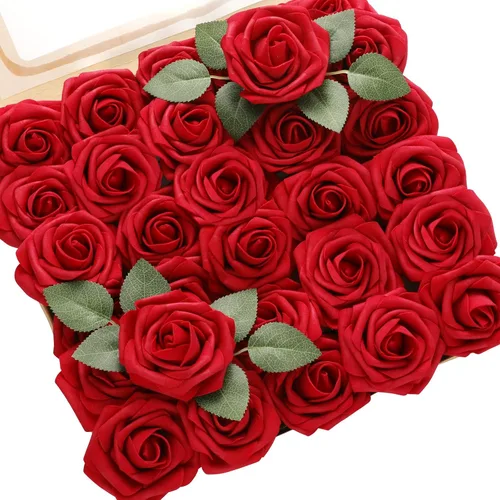 Vista 8 de DerBlue 60 rosas artificiales de aspecto real, rosas artificiales de espuma para decoración de bodas, arreglos, fiestas, decoración del hogar