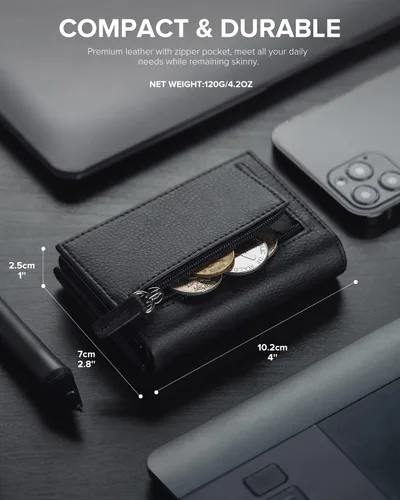 Vista 6 de VULKIT Cartera con bolsillo para monedas, cierre magnético, con ventana de identificación, billetera de cuero para efectivo y tarjetas de crédito
