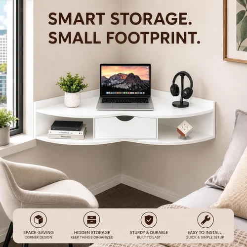 Vista 3 de Mesa plegable de pared con cajón, ahorro de espacio flotante Blanco