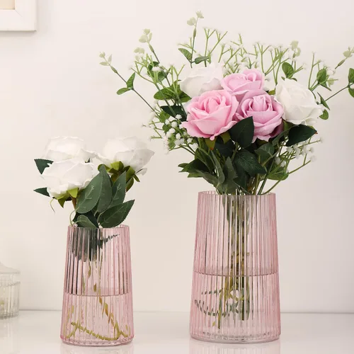 Vista 38 de Jarrón de vidrio ámbar para flores, florero para ramo, jarrones de vidrio modernos, jarrones acanalados para sala de estar, dormitorio, mesa