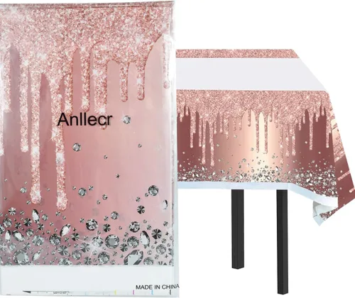 Vista 8 de 3 manteles desechables de polietileno de 71 x 42 pulgadas con diamantes, color oro rosa, para cumpleaños, bodas, baby shower, aniversario, fiesta