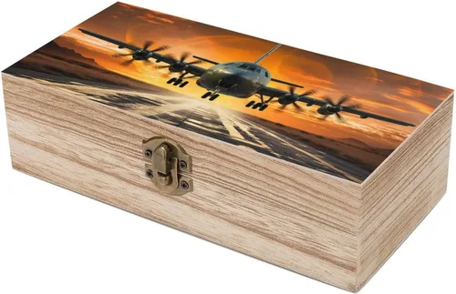 Vista 7 de Caja de almacenamiento de madera, joyero de madera vintage con tapa con bisagras, aterrizaje de avión militar en pistas de la fuerza aérea contra
