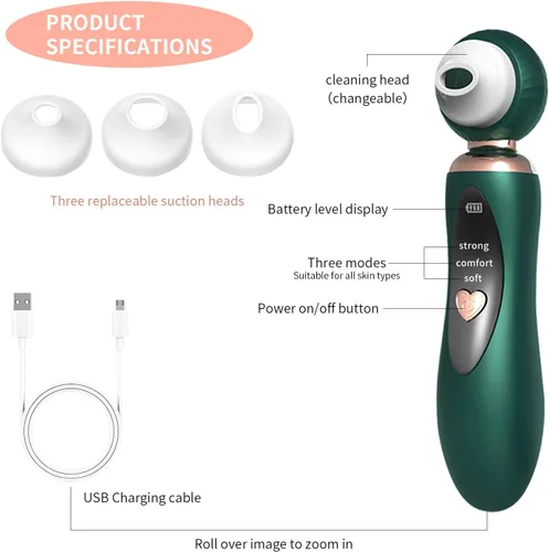 Vista 6 de 2025 - Aspiradora de poros para eliminar puntos negros, limpiador de poros facial recargable visual, 3 succiones de silicona suave, 3 sondas, kit