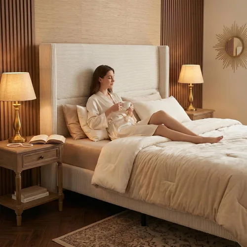 Vista 6 de WEUP Base de cama Queen con cabecera alta, marcos de cama tapizados de pana de 56 pulgadas, plataforma de marco de cama de nube con respaldo de ala