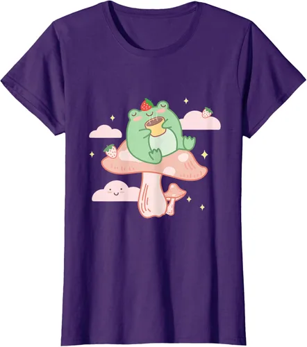Vista 11 de Kawaii Strawberry Frog On Mushroom - Camiseta de manga corta de anime, Azul / Patchwork, S Azul Pastel