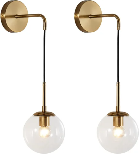 Vista 15 de KCO Lighting Juego de dos apliques de pared de vidrio blanco esmerilado con globo esférico dorado de latón, luz de pared con cable ajustable