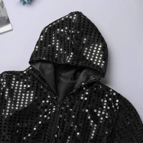 Vista 5 de inhzoy Conjunto de lentejuelas para niña, danza callejera, hip hop, danza, rendimiento, con capucha y pantalones de harén