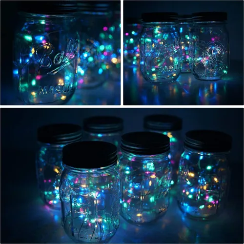 Vista 5 de Juego de 6 luces solares para tapa de tarro, paquete de 20 luces LED impermeables con diseño de estrella de hadas y luciérnaga, para decoración