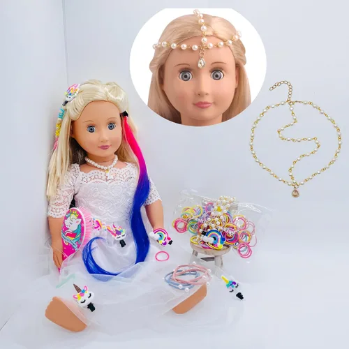 Vista 5 de Accesorios para el cabello de muñeca de 18 pulgadas para muñecas American OG, cepillo de pelo, kit de unicornio arco iris, accesorios para niñas