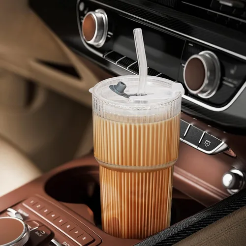 Vista 6 de Paquete de 2 tazas de vidrio de 20 onzas con tapas y pajitas, tazas de café helado, cristalería acanalada vintage para cerveza, café helado, jugo