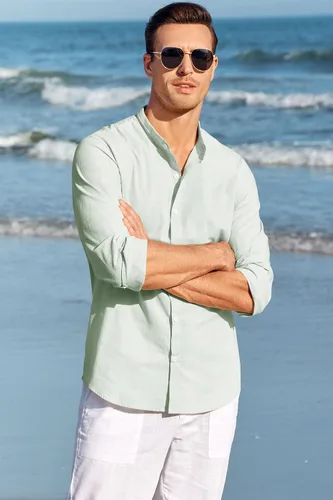 Vista 2 de Makkrom Camisa de lino para hombre, con botones, manga larga, algodón, cuello de banda de playa, camisas casuales de verano