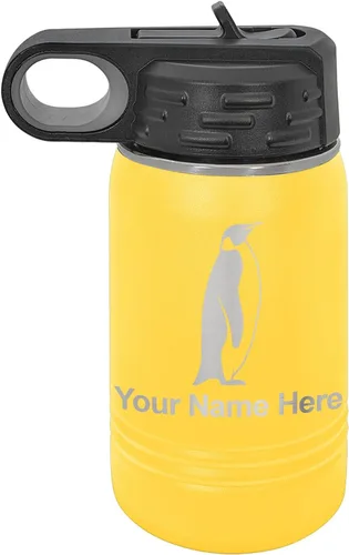 Vista 52 de LaserGram Botella de agua personalizada, pingüino, acero inoxidable de doble pared aislada al vacío con popote superior, regalo grabado