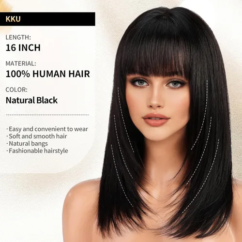 Vista 2 de KKU Pelucas de cabello humano de 16 pulgadas para mujer, peluca de cabello lacio en capas con flequillo, realismo natural, pelucas de cabello real