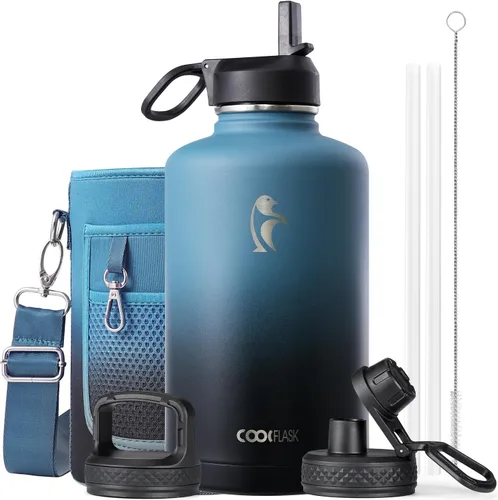 Vista 121 de Coolflask Botella de agua de 24 onzas aislada con pajilla, 3 tapas de metal de acero inoxidable, botella de agua de boca ancha para deportes u