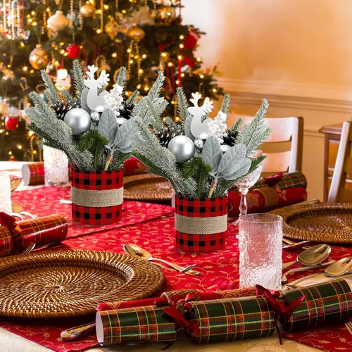Vista 4 de 2 piezas de centro de mesa de Navidad a cuadros de búfalo árbol de mesa de Navidad, mini decoración artificial de mesa, centro de mesa pequeño
