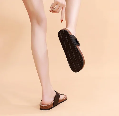 Vista 7 de Sandalias cómodas para mujer, sandalias de gamuza de vaca con plantilla de corcho para mujer con hebilla de correa ajustable, sandalias de playa