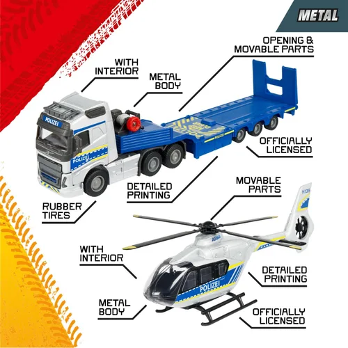 Vista 4 de MOJORETTE - Grand Series Volvo FH-16 Camión de policía (13.8 in) y helicóptero Airbus H135 (10.0 in), escala 1:43, hecho de metal y plástico