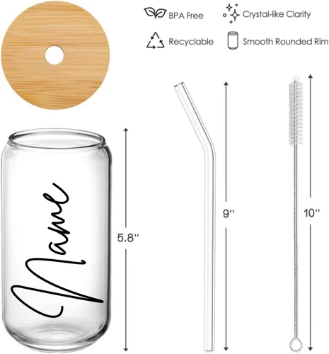 Vista 2 de Vasos personalizados con tapas de bambú y popote de vidrio, vasos de vidrio con forma de lata de 16 onzas, vasos de cerveza, vasos de café helado