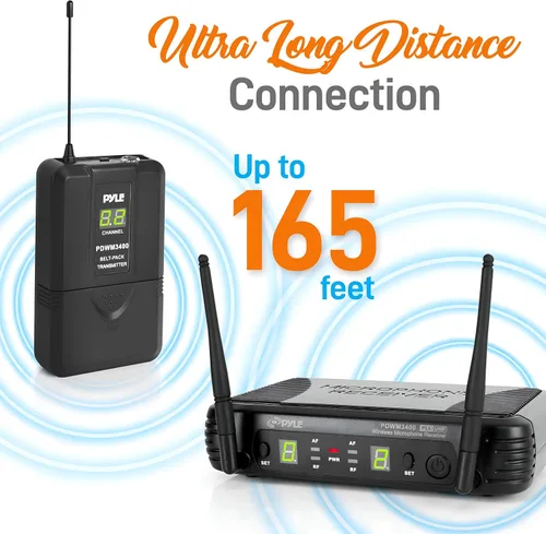 Vista 5 de Pyle Sistema de micrófono inalámbrico de 2 canales, juego de micrófono digital UHF portátil con 2 auriculares, 2 solapas, 2 transmisores, cable de ¼