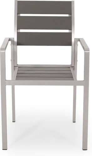 Vista 4 de GDFStudio Silla de comedor de aluminio moderna para exteriores con asiento de madera sintética (juego de 2), gris y plateado