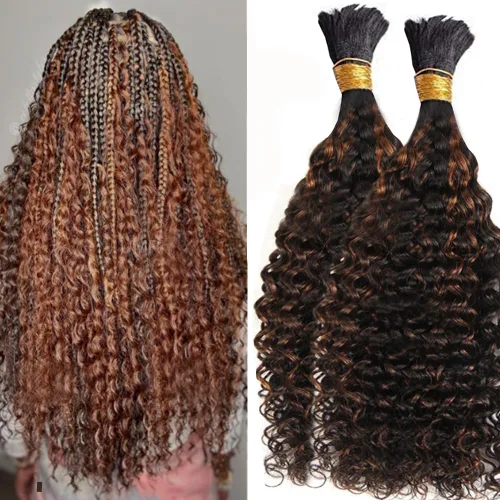 Vista 13 de Cabello humano rizado con reflejos marrones a granel para trenzar microtrenzas, cabello humano a granel, húmedo y ondulado, sin trama, cabello