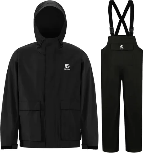 Vista 8 de Rizzon Traje de lluvia de pesca para hombre, impermeable, chaqueta de lluvia, pantalones con capucha, equipo de clima sucio marino