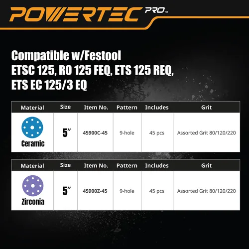 Vista 7 de POWERTEC PRO 45900C-45 - Disco de lijado surtido de 9 agujeros de 5 pulgadas, grano 80/120/220, discos de respaldo de gancho y bucle de cerámica