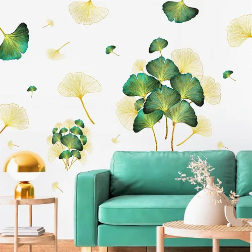 Vista 3 de Calcomanías de pared de hojas doradas, calcomanías de pared de hojas verdes, calcomanías de pared modernas para dormitorio, sala de estar, Oro