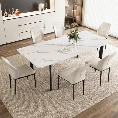Vista 24 de HIPIHOM Mesa de comedor extensible para 6-8 personas, mesa rectangular de 63 a 78.7 pulgadas, MDF blanco con patas de metal resistentes, ahorro