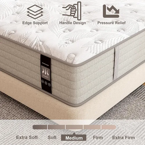 Vista 6 de KOW Colchón híbrido de 12 pulgadas en una caja, espuma viscoelástica de gel con resortes embolsados individuales, colchón de firmeza media para un