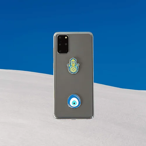 Vista 4 de Pegatinas de metal para fundas de celular. Blue Evil Eye y Hamsa. Juego de 2. Reutilizables y extraíbles. No deja residuos. Símbolos espirituales