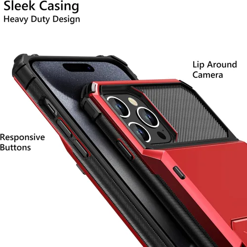 Vista 4 de Vofolen Funda para iPhone 15 Pro con tarjetero y 4 tarjetas de doble capa resistente a prueba de golpes, ranura oculta para tarjetas protectora Rojo