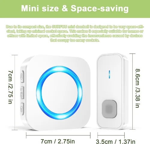 Vista 7 de Timbre inalámbrico, timbre impermeable que funciona a un alcance de 1300 pies con 55 tonos de llamada, 5 niveles de volumen y modo silencioso