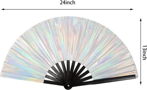 Vista 2 de Abanico rave, abanicos de mano plegables para festivales para mujer, ventilador de mano grande, ventilador de mano plateado, ventilador de mano