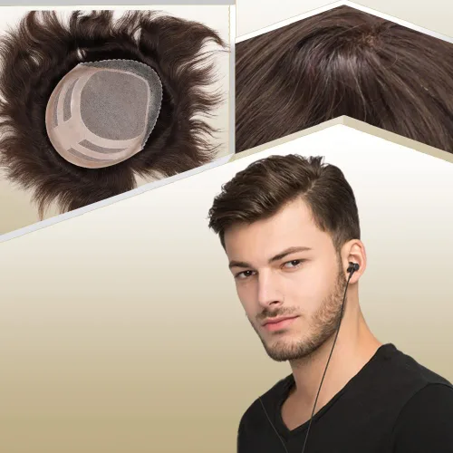 Vista 13 de Sistema de reemplazo de cabello humano para hombre, tupé para hombre, piel fina con parte superior de encaje mono y la parte trasera de poliuretano