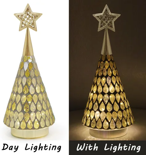 Vista 8 de Árbol de Navidad de vidrio con mosaico dorado con estrella, 2 piezas de árboles de Navidad pequeños de mesa con luz, árbol de Navidad a