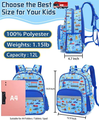 Vista 6 de Mochila para niños y niñas, bonita mochila ligera para preescolar, jardín de infantes, primaria, escuela primaria, Carros azules, 12L(Para Niños 5-8