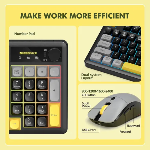 Vista 6 de Combo de teclado y mouse inalámbricos cremoso con teclado numérico para computadora de escritorio, Mac, iPad, Bluetooth/2.4 ghz/recargable