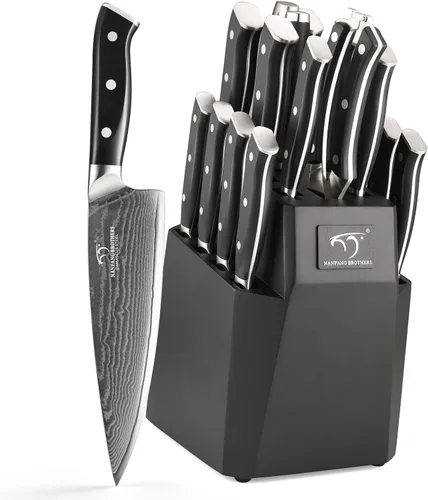 Vista 11 de Juego de cuchillos de cocina, juego de cuchillos de cocina de Damasco de 18 piezas con bloque, mango ergonómico de ABS para juego de cuchillos