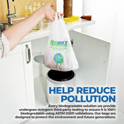 Vista 6 de BioRift Bolsas de comestibles para camisetas – 100% biodegradables y ecológicas – Bolsas de basura pequeñas reutilizables para supermercado – Asas