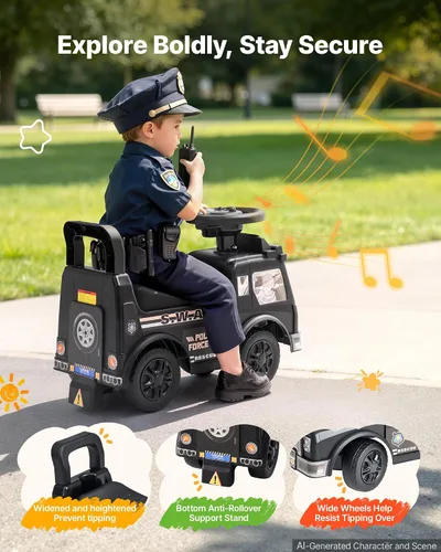 Vista 5 de VEVOR Coche de policía para niños pequeños a partir de 19 meses de paseo Negro