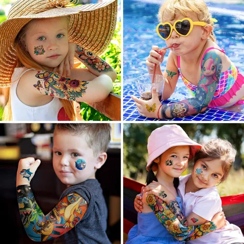 Vista 5 de 52 hojas de tatuajes temporales para niños, manga completa, dinosaurio, unicornio, tiburón, delfines, elefante, animal, cara, tatuajes falsos