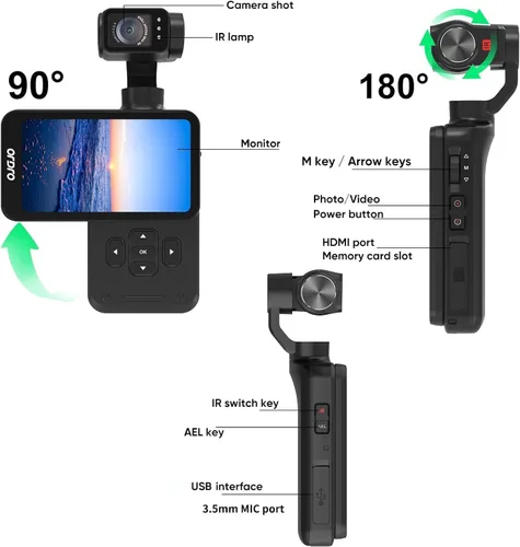 Vista 6 de ORDRO M5 Gimbal Camera for Vlogging 3-Axis Stabilizer Face Tracking 3.5'' Flip Touchscreen, IR Night Vision, 120° wide view,180° Rotatable Lens
