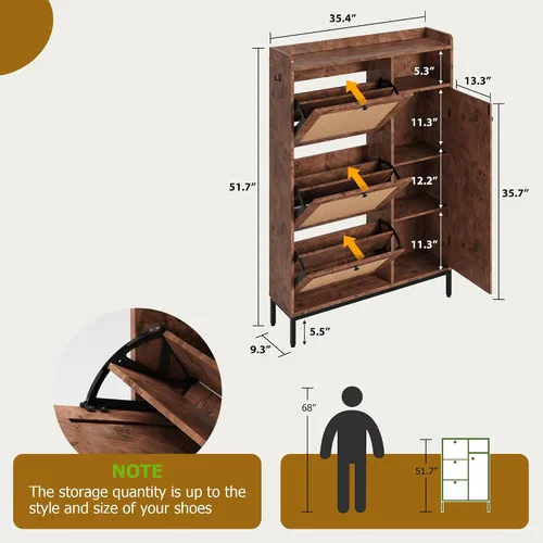 Vista 2 de GarveeHome Zapatero de ratán con 3 cajones abatibles y zapatero de almacenamiento de 4 niveles, organizador de zapatos independiente con estantes