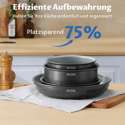 Vista 2 de BEZIA Utensilios de cocina de inducción con revestimiento de cerámica saludable, juego de ollas y sartenes antiadherentes, 10 piezas con asas