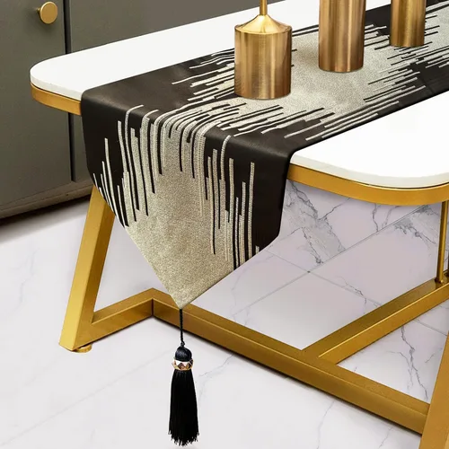 Vista 7 de Caminos de mesa bordados beige de 13 x 72 pulgadas de largo con borlas de lujo, líneas geométricas abstractas modernas para decoración del hogar