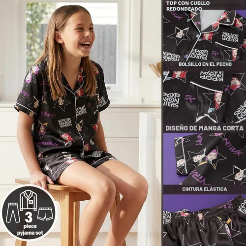 Vista 4 de Get Trend KPop Demon Hunters - Pijamas para niñas, con licencia oficial, conjunto de pijama Huntrix de 3 piezas con pantalones y pantalones cortos