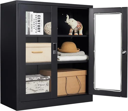 Vista 7 de Armario de almacenamiento de metal negro SISESOL con puertas y estantes, armario de exhibición con cerradura de 36 pulgadas con puertas de acrílico