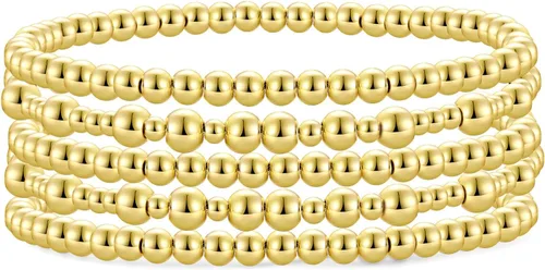 Vista 14 de Pulsera para mujer con cuentas chapadas en oro de 14 quilates, pulsera elástica de cuentas redondas Oro - 2 cubos+1 cuenta