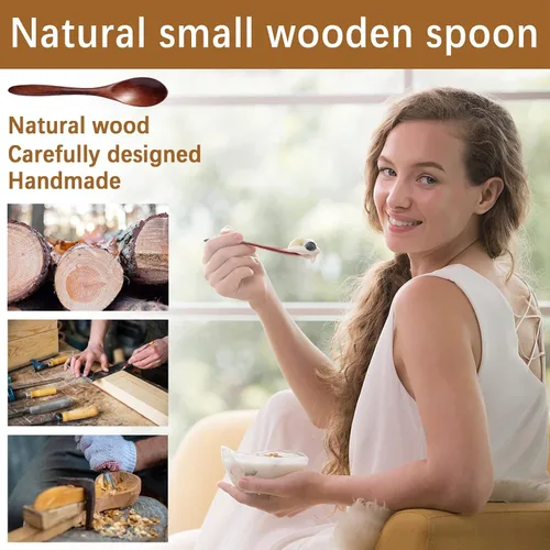 Vista 5 de 7 cucharas de madera pequeñas de 5.78 pulgadas para comer, miel, té, tarro y condimento, cucharadita de miel de madera para café, cucharas de madera